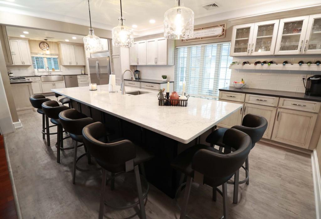 After photo of a newly renovated kitchen in Columbia, IL. Beautiful cabinets with a built-in wine rack.